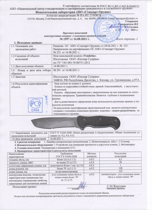 Нож нескладной Kizlyar Supreme Vendetta