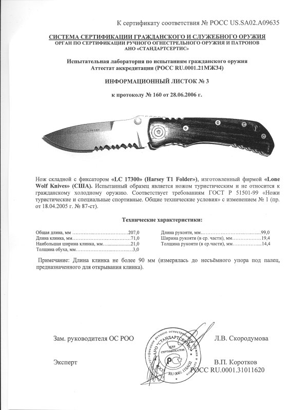 Нож складной с фиксатором Lone Wolf «LC 17300» (Harsey T1 Folder)