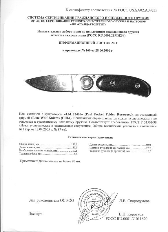 Нож складной с фиксатором Lone Wolf «LM 12400» (Paul Pocket Folder Rosewood)