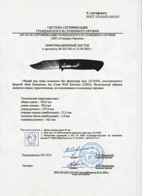 Нож складной без фиксатора Lone Wolf «LC 10500»