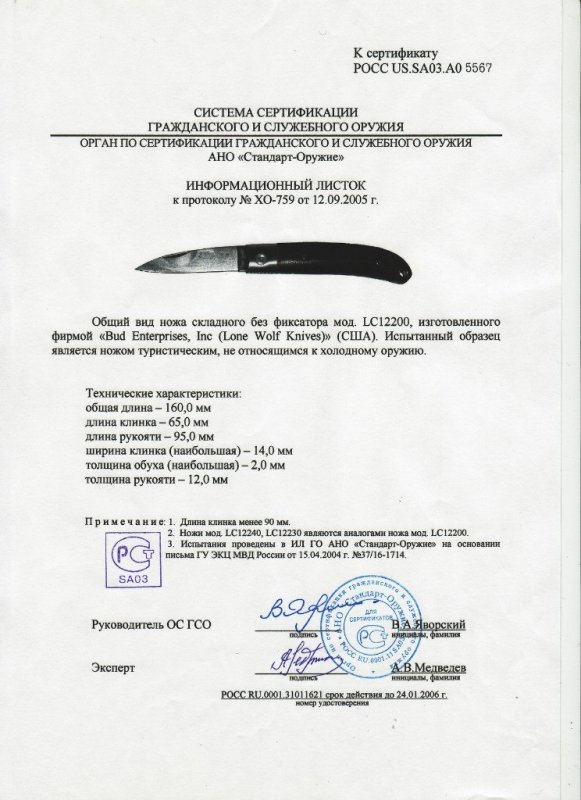 Нож складной без фиксатора Lone Wolf «LC 12200»