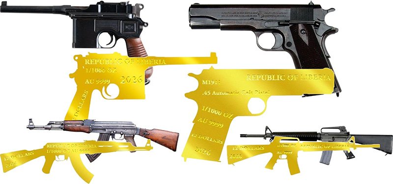 Монеты 12 долларов 2026 года «Mauser C96», «М1911», «АК-47» и «М16»