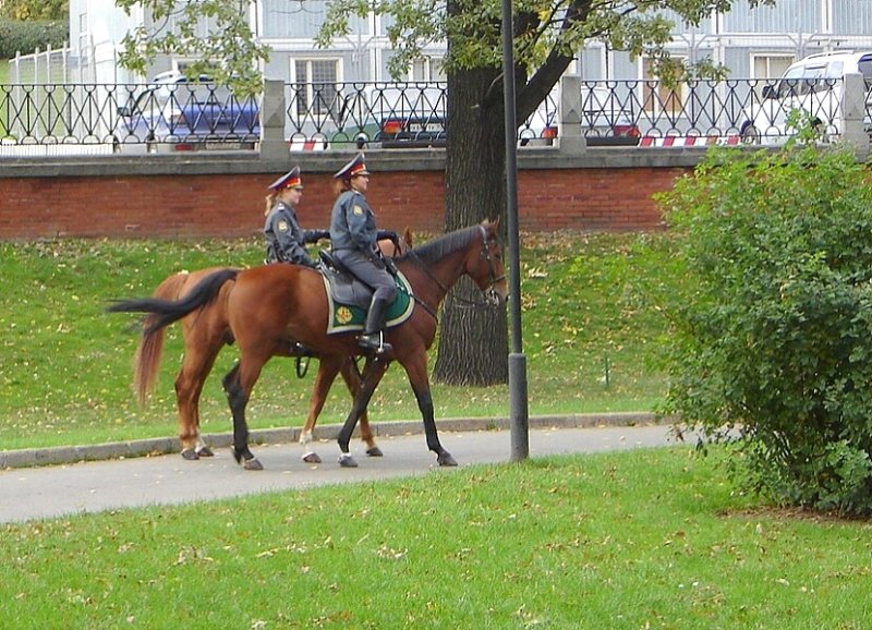 Женская конная полиция в Александровском саду Москвы, 2007 г.