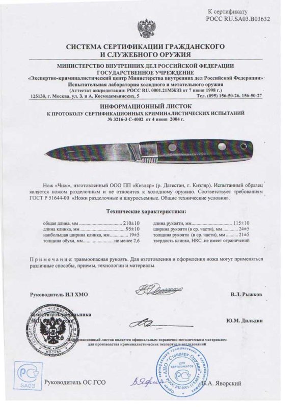 Нож нескладной ООО ПП Кизляр «Чиж»