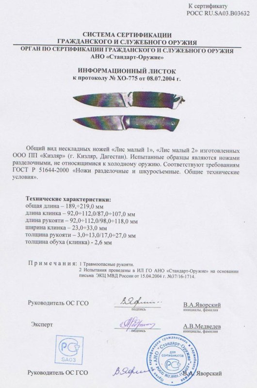 Ножи нескладные ООО ПП Кизляр «Лис малый 1» и «Лис малый 2»