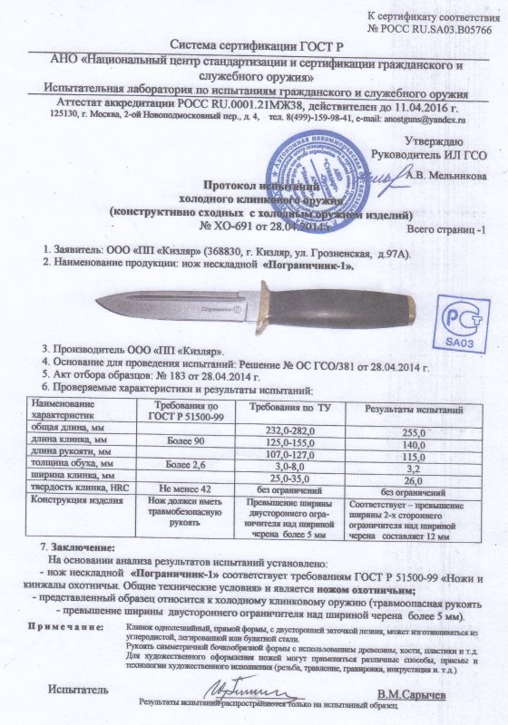 Нож нескладной ООО ПП Кизляр «Пограничник-1»