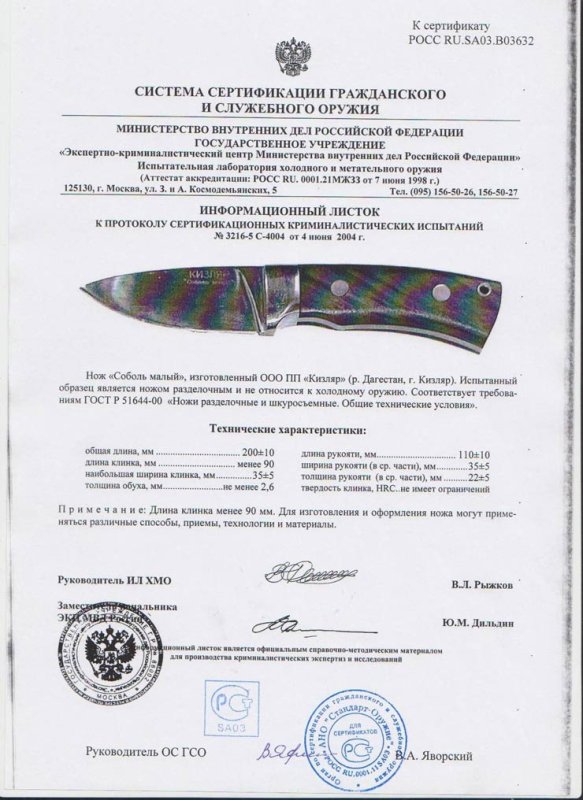 Нож нескладной ООО ПП Кизляр «Соболь малый»