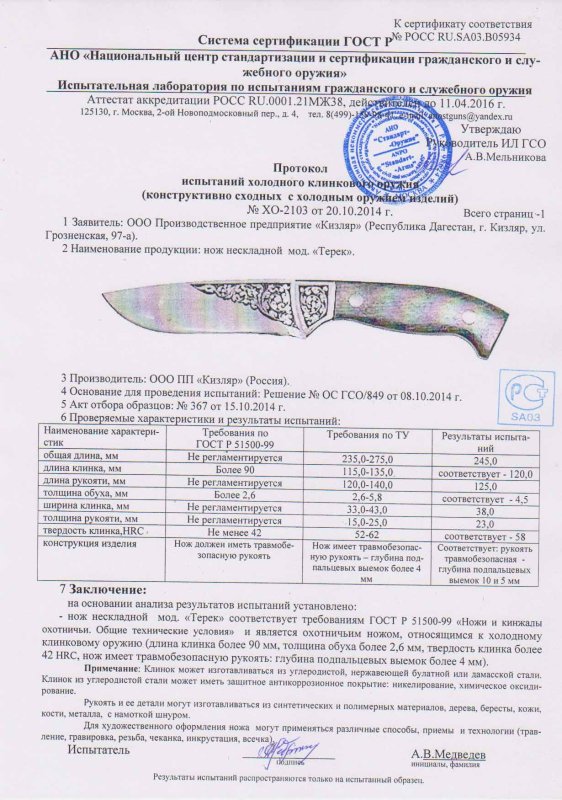 Нож нескладной ООО ПП Кизляр «Терек»