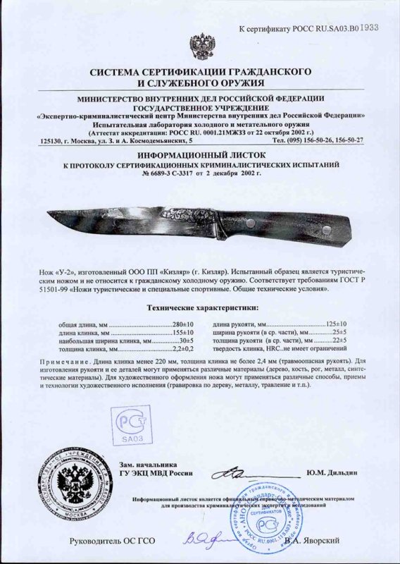 Нож нескладной ООО ПП Кизляр «У-2»
