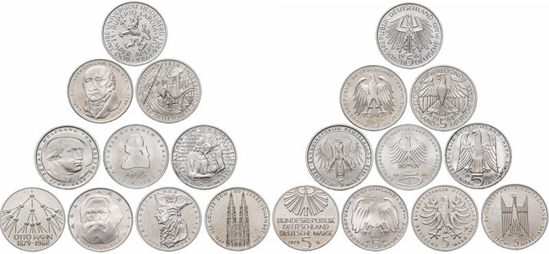 Некоторые из памятных монет номиналом 5 марок. ФРГ. 1970-е – 1980-е годы. Медно-никелевый сплав