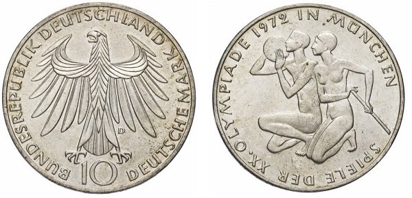 10 марок. ФРГ. 1972 год. Мюнхенская Олимпиада. Серебро
