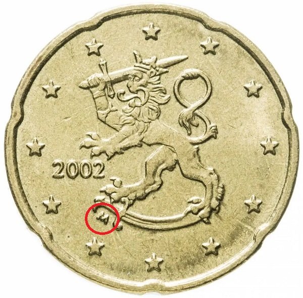 Знак директора монетного двора Р. Макконена на монете 20 центов 2002 года