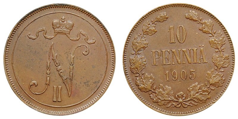 10 пенни 1905 года, Великое Княжество Финляндское, медь