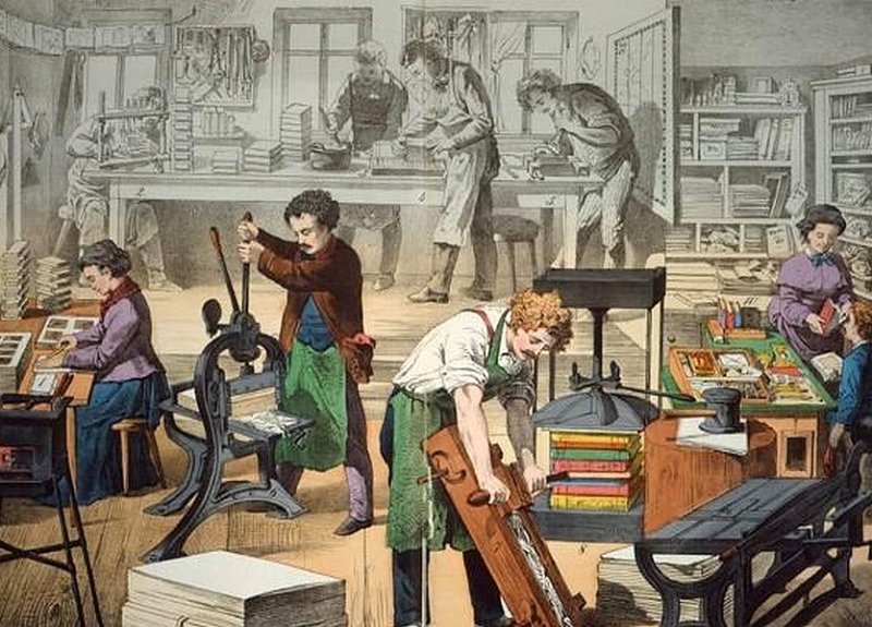 Рабочие книжной мануфактуры. Рисунок XVIII в.
