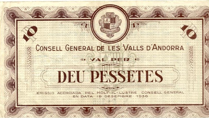 Банкнота достоинством десять песет, выпущенная Генеральным советом Андорры