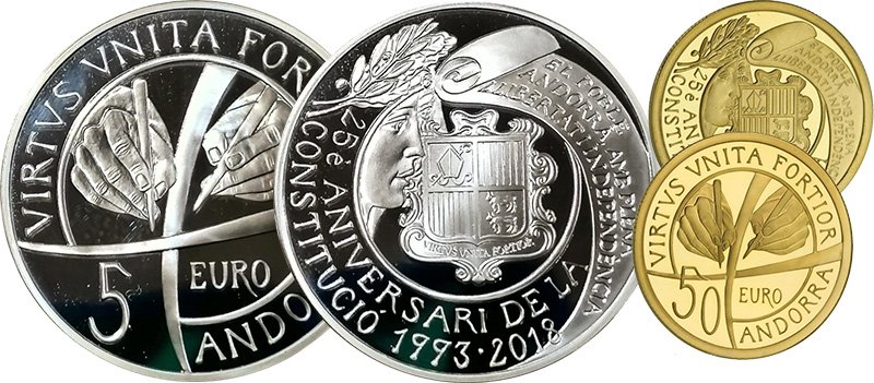 Серебряная и золотая монеты Андорры 2018 года