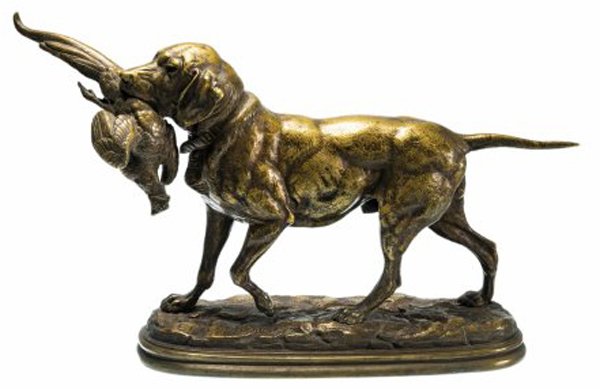 Бронзовая статуэтка «Собака с дичью», скульптор E. Delabrierre, г. Париж, Франция, 1880-1910 гг.