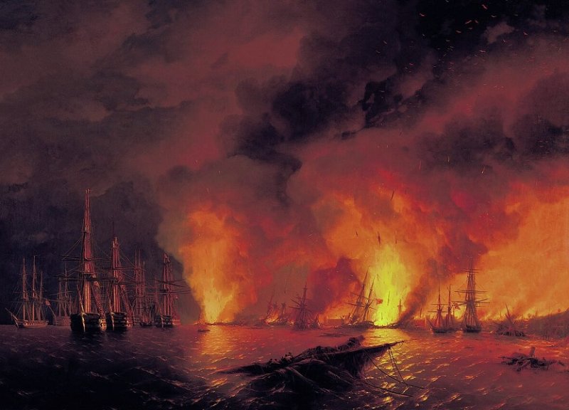 Ночь после Синопского боя.  Картина И. Айвазовского 1853 г.