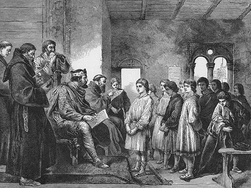 Король Альфред посещает школу. Гравюра 1894 г.