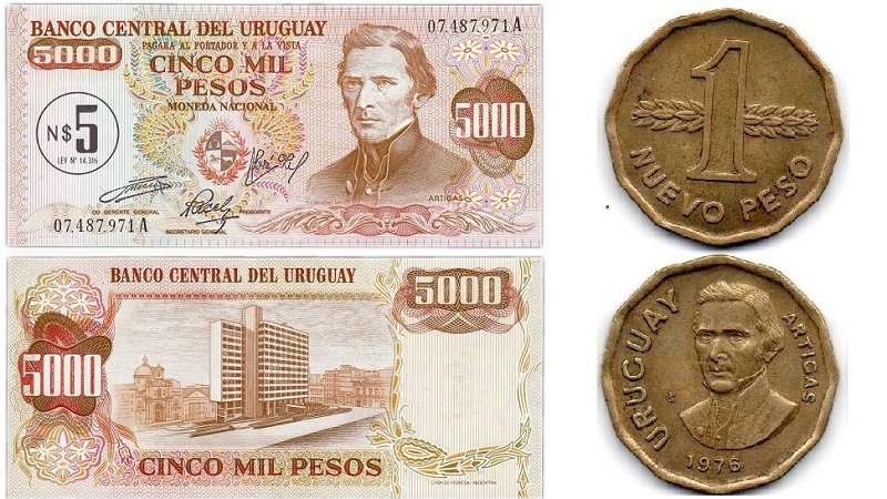 5 новых песо 1975 года (штамп на старой 5-тысячной банкноте) и 1 новый песо 1976 года, Восточная республика Уругвай 
