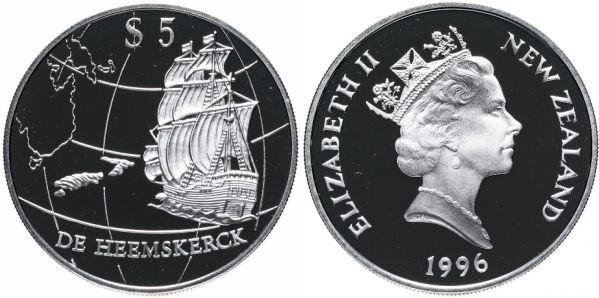 Новая Зеландия, 5 долларов 1996 года. Парусник Хемскерк