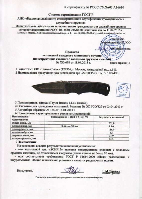 Нож нескладной SCHRADE SCHF15