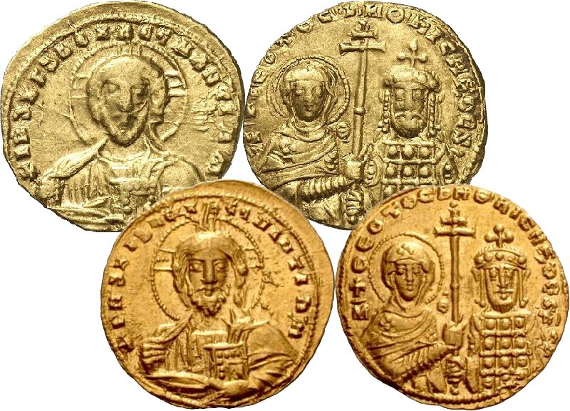 Гистаменон (4,42 г) спереди и более легкий тетартерон (4,10 г) сзади императора Никифора II (963–969)