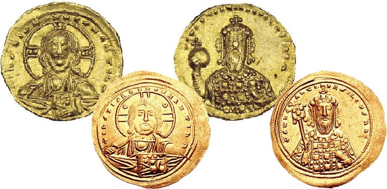 Гистаменон (4,4 г) спереди и тетартерон (4,1 г) сзади императора Константина VIII (1025–1028).