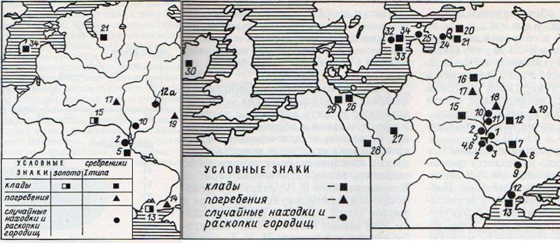 Слева места находки монет ранней чеканки Владимира, справа места обнаружения древнерусских монет всех типов (по сведениям Сотниковой)
