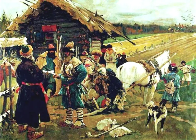Крестьяне уходят от помещика в Юрьев день. Картина С.В. Иванова 1908 г.