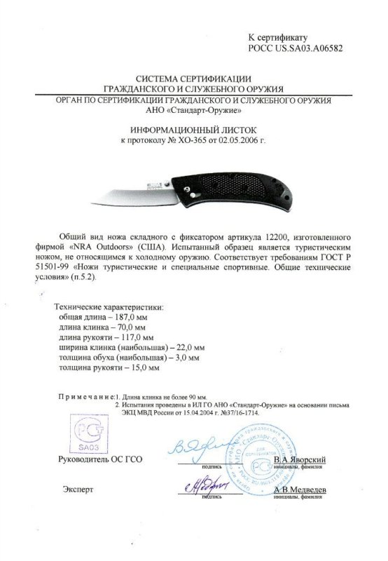 Нож складной с фиксатором NRA Outdoors «12200»