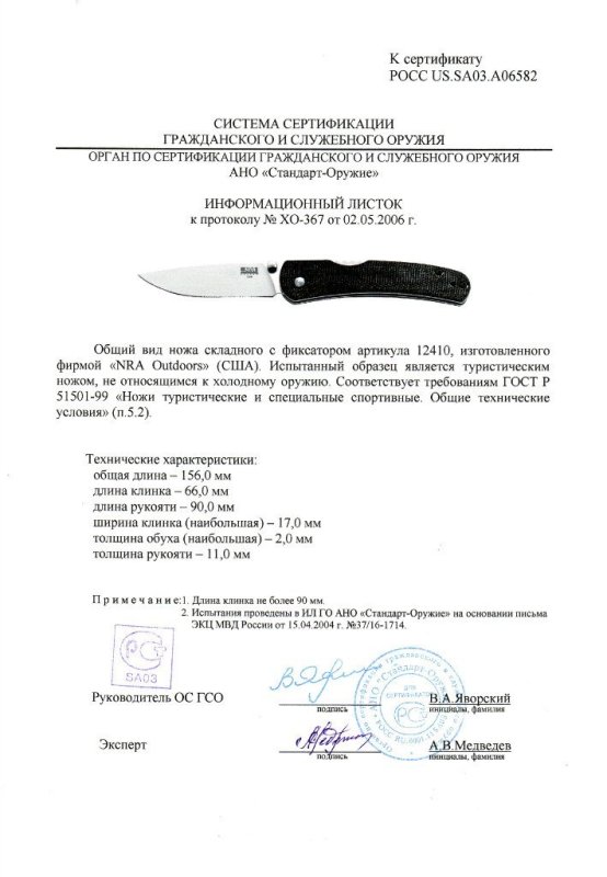 Нож складной с фиксатором NRA Outdoors «12410»