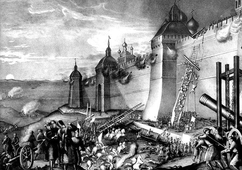 Лжедмитрий осаждает Троицкую Лавру. Литография 1852 г.