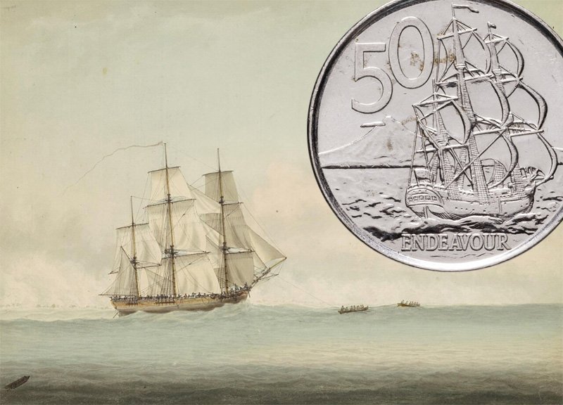 «Корабль HMS Endeavour у берегов Новой Голландии», работа Сэмюэля Аткинса в сравнении с монетой