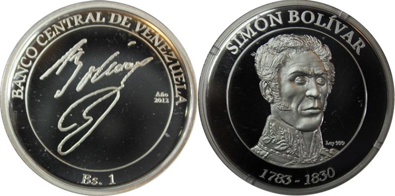 Портрет Симона Боливара и его факсимиле на серебряной венесуэльской монете