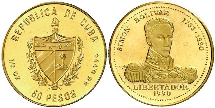 Боливар на золотой монете Кубы