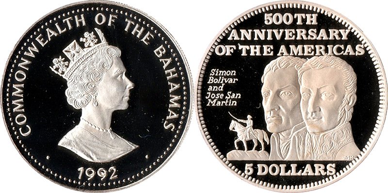 5 долларов Багамских островов 1992 года «Симон Боливар и Хосе де Сан-Мартин»