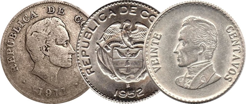 Колумбийские 20 сентаво 1911 года (слева) и 1952 года