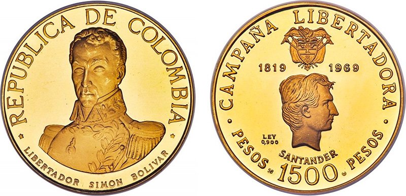 1500 песо 1969 года (старший номинал юбилейной серии золотых монет «150-летие Битвы при Бояке»)