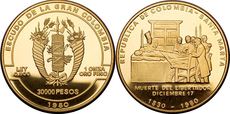 30 000 песо 1980 года «150 лет со дня смерти Симона Боливара»