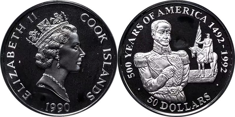 50 долларов Островов Кука 1990 года «500 лет открытию Америки - Симон Боливар»