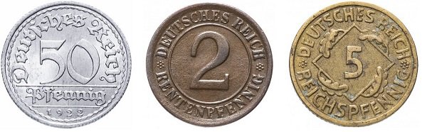 Слева направо: 50 пфеннигов 1922 года, 2 рентенпфеннига 1924 года, 5 рехспфеннигов 1928 года