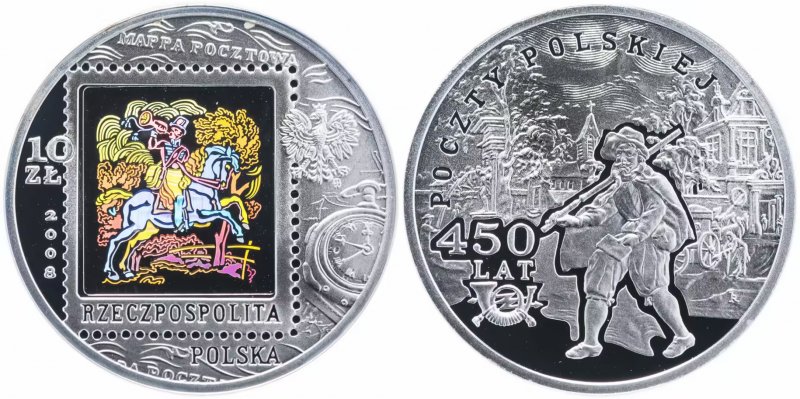 10 злотых 2008 года "450 лет почтовой службе Польши"