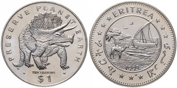 Эритрея. 1 доллар 1993 года. Трицератопс