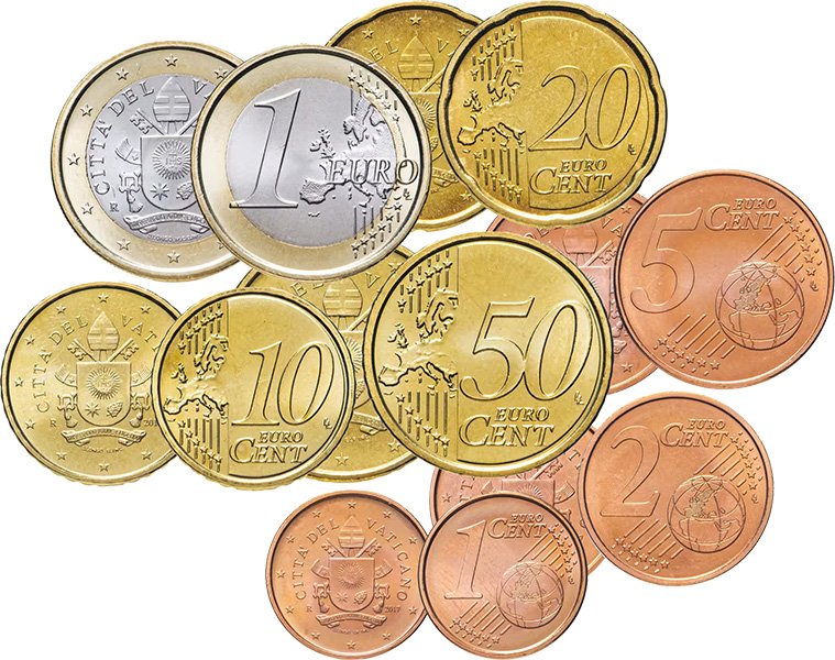 Россыпь монет Ватикана от 1 евроцента до 1 евро
