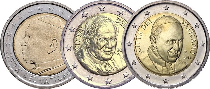 Портреты Иоанна Павла II, Бенедикта XVI и Франциска I на обиходных монетах 2 евро