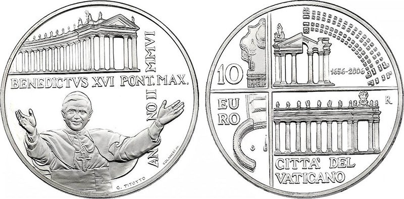 Серебряные 10 евро Ватикана 2006 года «350 лет Колоннаде собора Святого Петра»