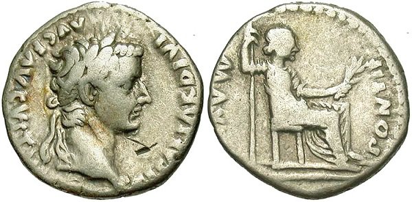 Денарий императора Тиберия (14-37 гг.).Отчеканенный в городе Лугдунум (ныне Лион, Франция)