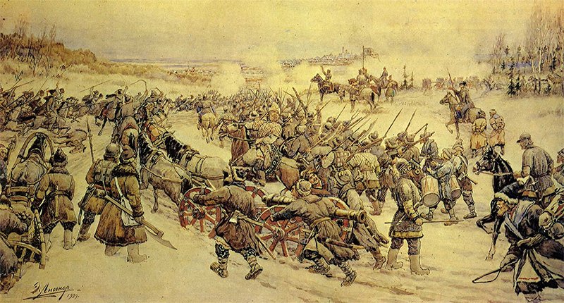 Картина Эрнеста Лисснера «Войско Болотникова под Москвой» (Начало боя отрядов И.И. Болотникова с войсками царя у Нижних Котлов под Москвой)