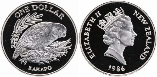 Новая Зеландия 1 доллар, 1986 год. Совиный попугай (Какапо)